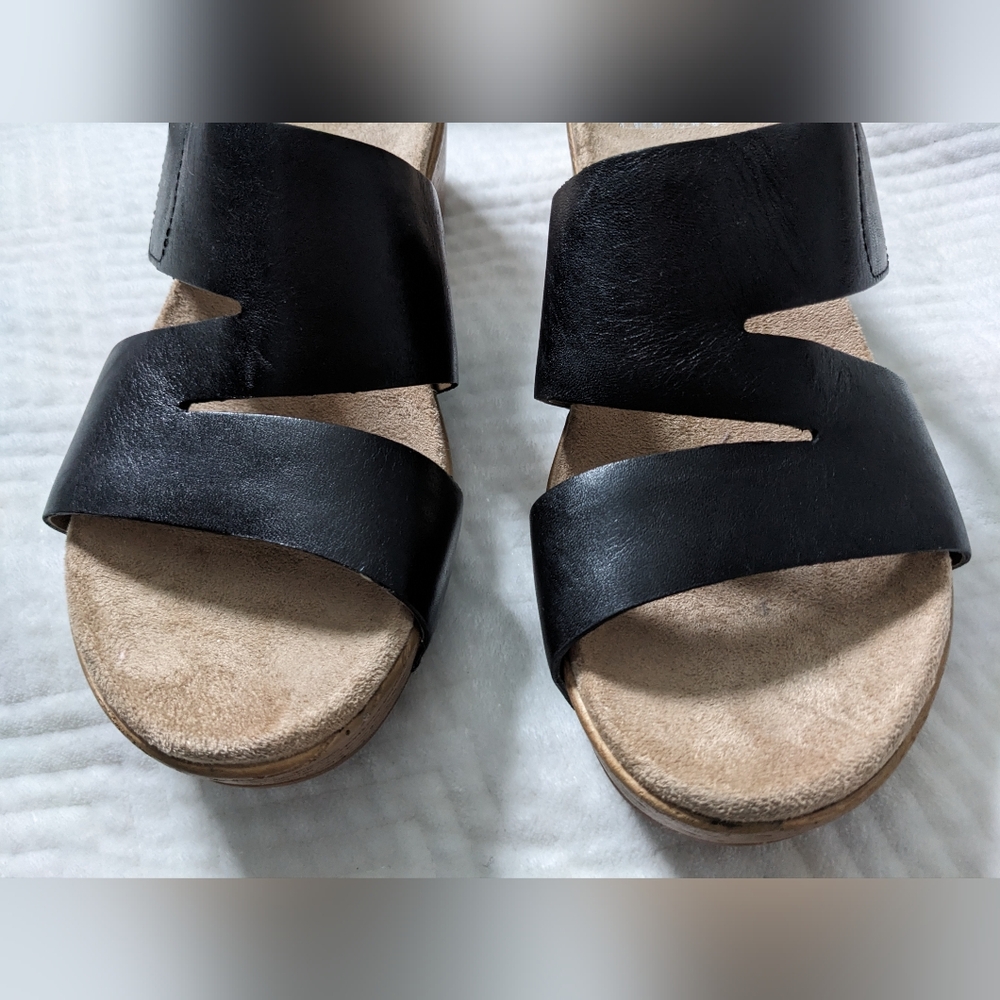 Dansko Black Leather Slide Mules with Wood-Effect Wedge - Picture 2 of 13